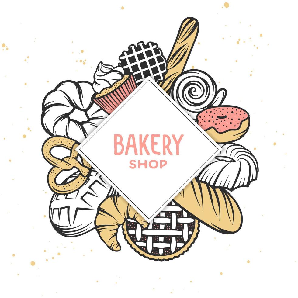 Set of vector bakery engraved elements. Typography design with bread, pastry, pie, buns, sweets, cupcake. Top view composition.