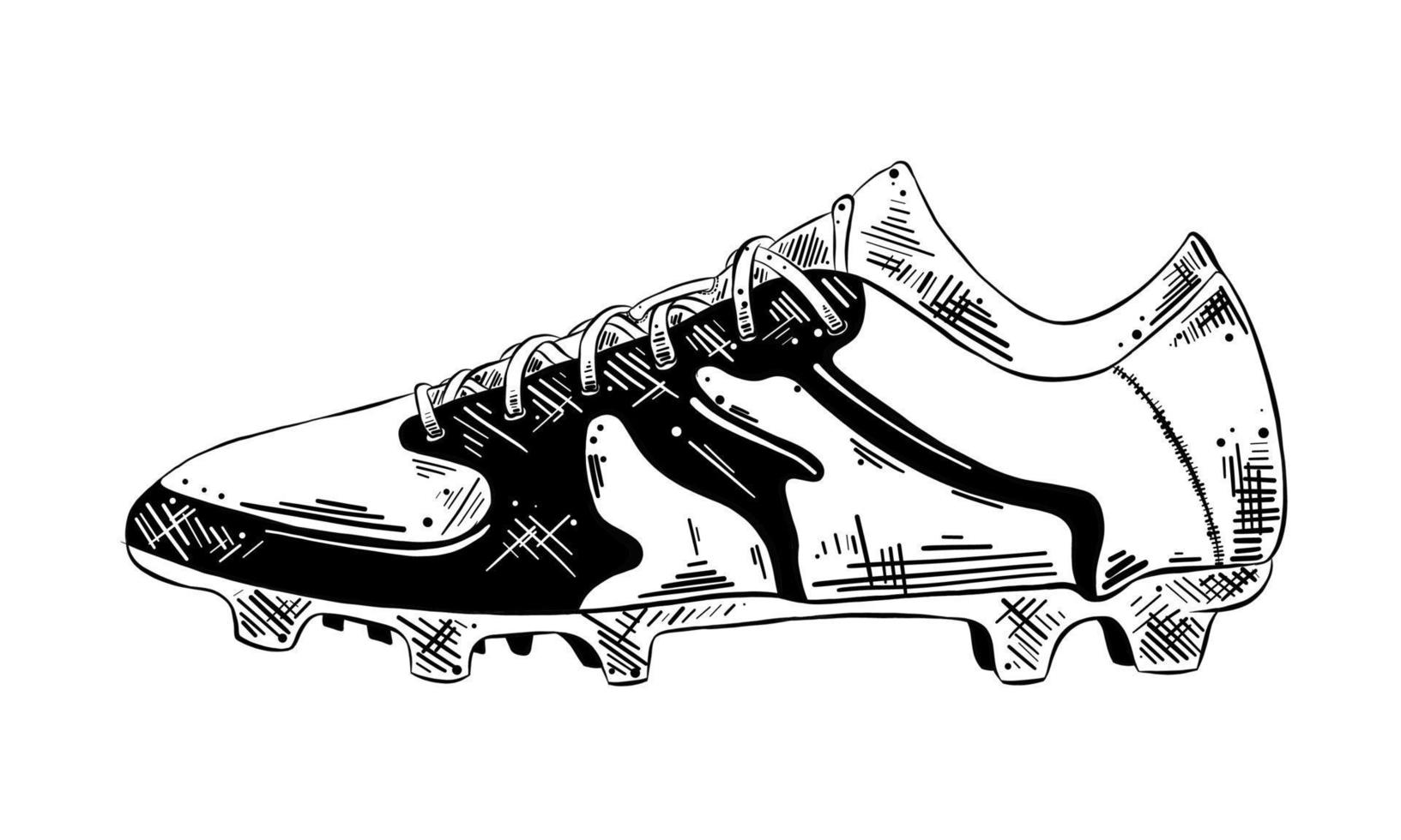 Vector engraved style illustration for posters, decoration and print. Hand drawn sketch of soccer shoe in black isolated on white background. Detailed vintage etching style drawing.