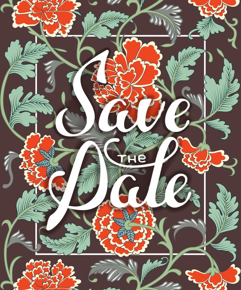 Vector card with hand drawn typography design element and colored antique floral ornament for greeting cards or invitations. Save the date calligraphy phrases. Unique lettering.