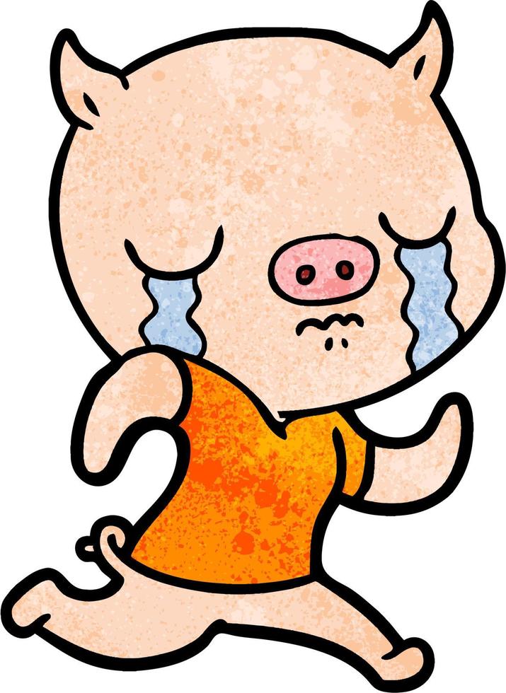 cartoon pig crying running away vector