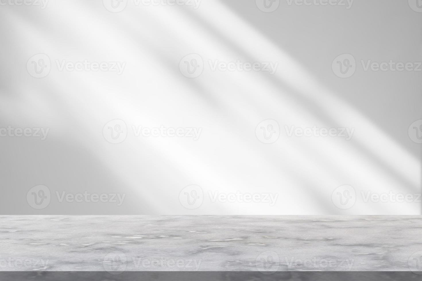 Marble table with window shadow drop on white wall background for mockup product display photo