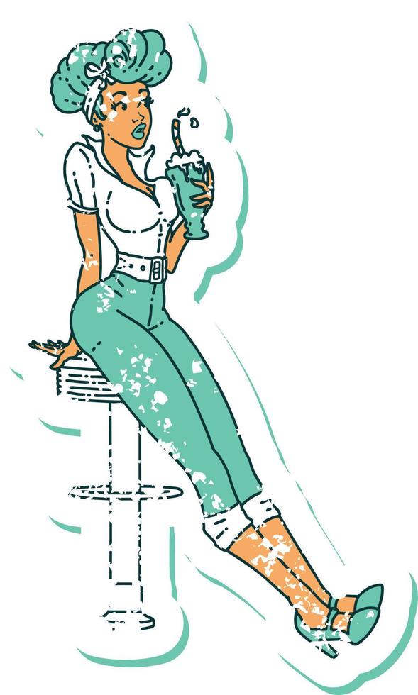 distressed sticker tattoo in traditional style of a pinup girl drinking a milkshake vector