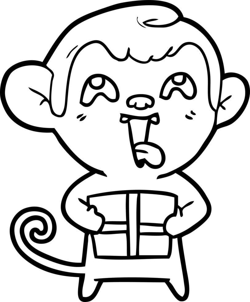 crazy cartoon monkey with christmas present vector