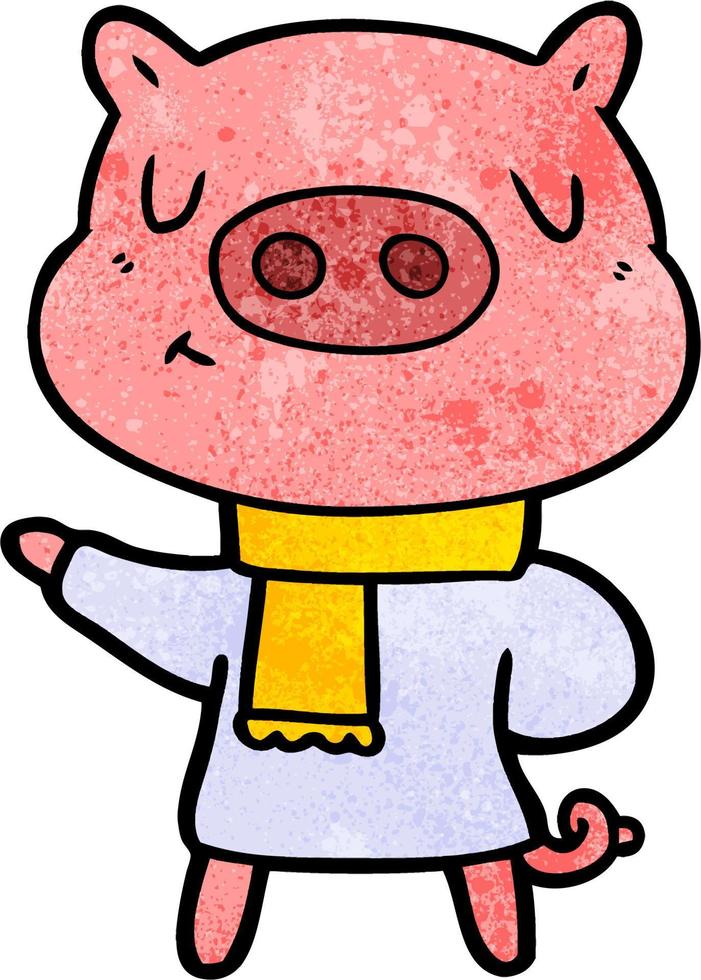 cartoon content pig in winter attire vector
