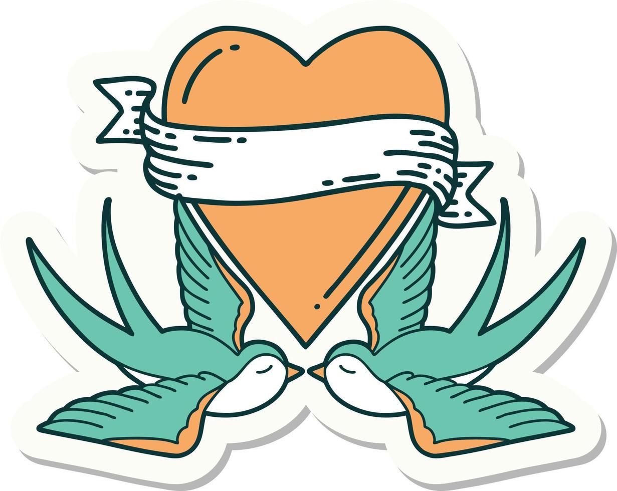 sticker of tattoo in traditional style of swallows and a heart with banner vector