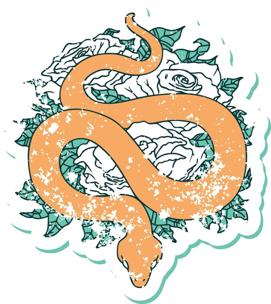 icono de estilo de tatuaje de pegatina angustiado de una serpiente y rosas vector