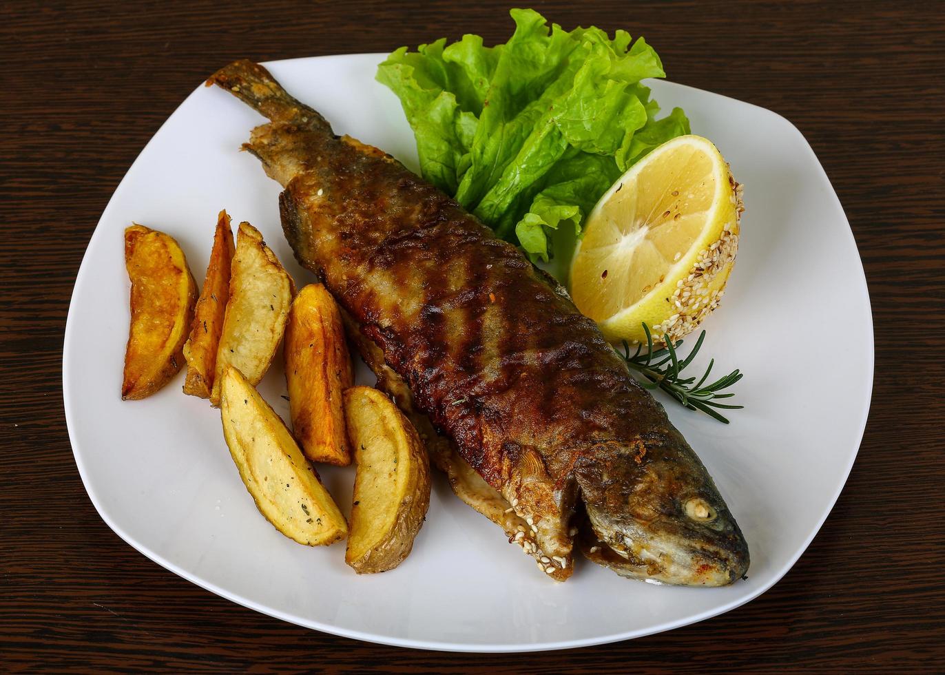 Grilled trout on the plate and wooden background photo