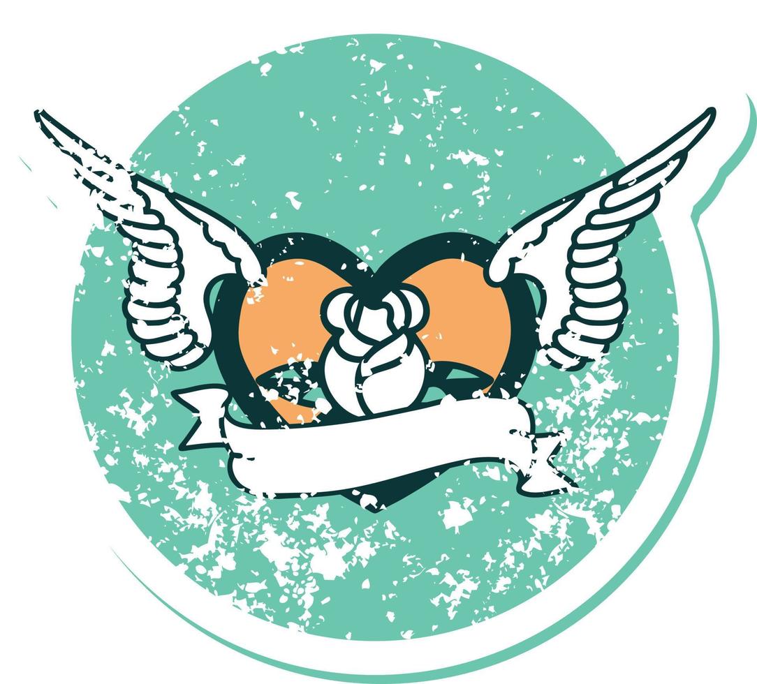 iconic distressed sticker tattoo style image of a flying heart with flowers and banner vector