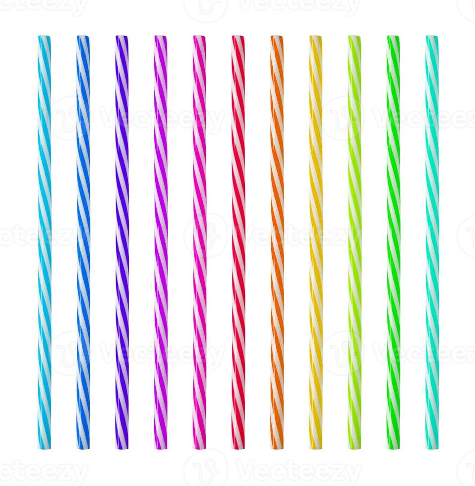 colorful plastic straw set isolated on white background photo