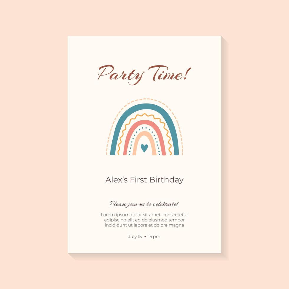 Invitation to children birthday with boho-style rainbow. vector