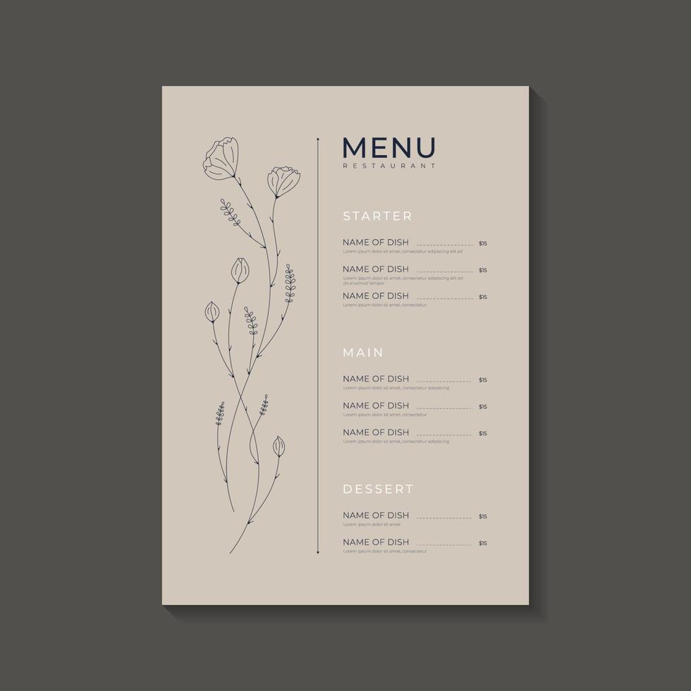 Hand drawn restaurant menu in boho style for lunch with blossom flowers and text. vector