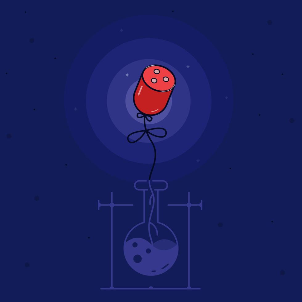 Sausage grown in laboratory from flask. Vector illustration on dark background with an illuminated object.