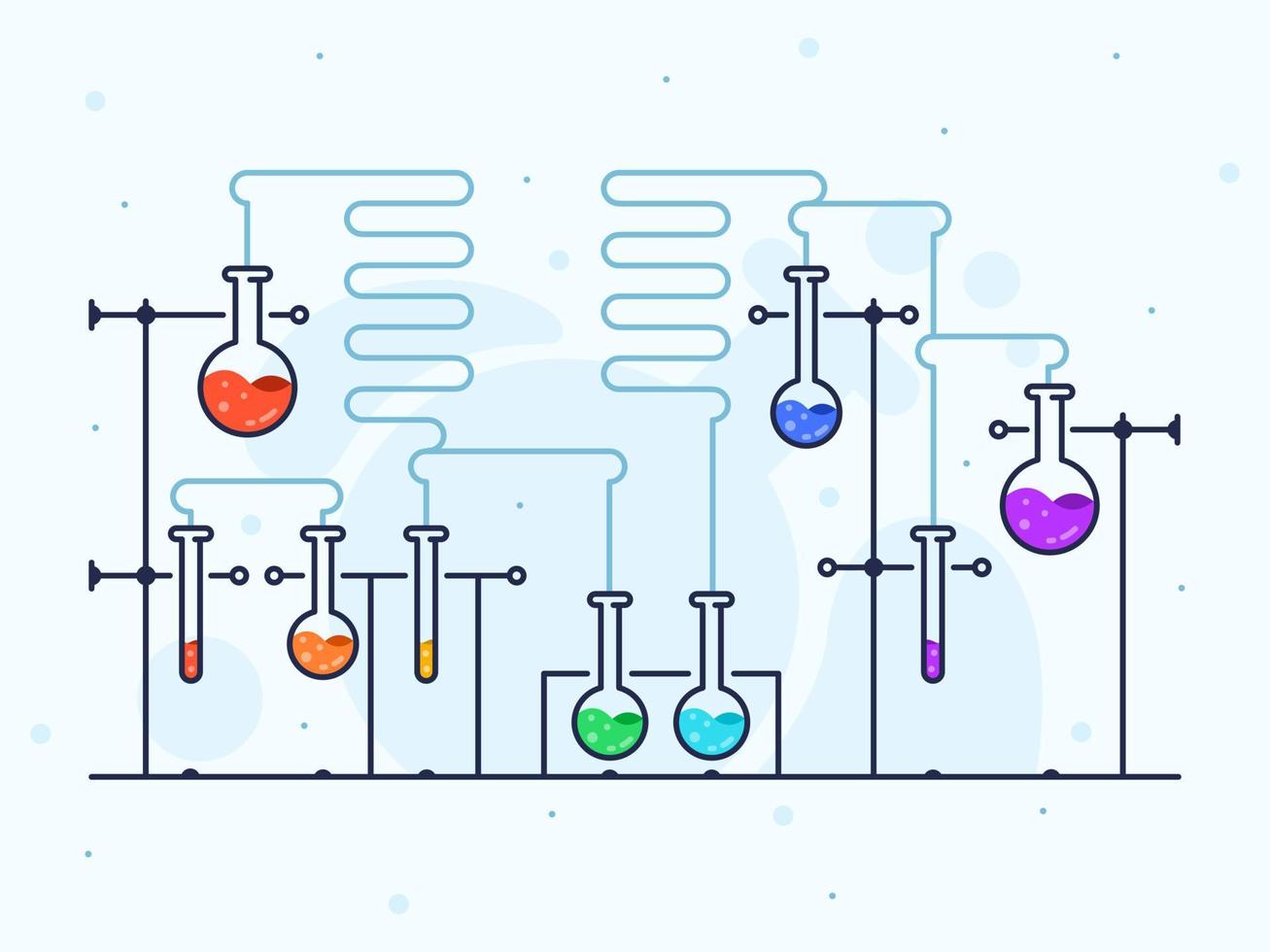 Vector illustration with chemical laboratory in flat line style. Flasks with color liquid and blue tubes.