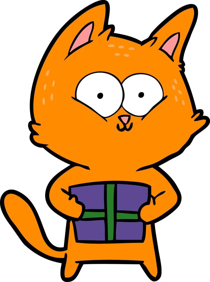 gato de dibujos animados con regalo de navidad vector