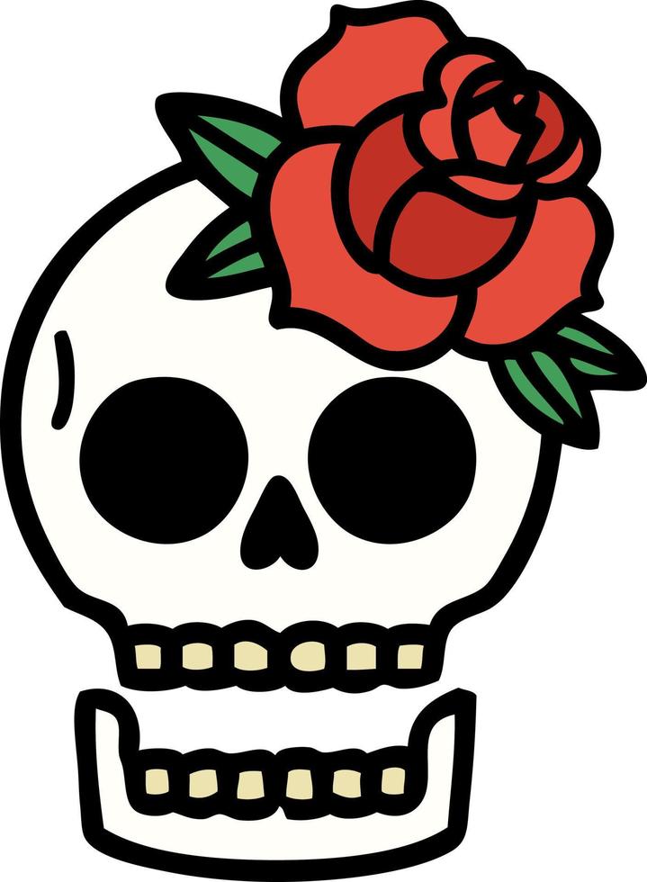 tatuaje tradicional de una calavera y una rosa vector