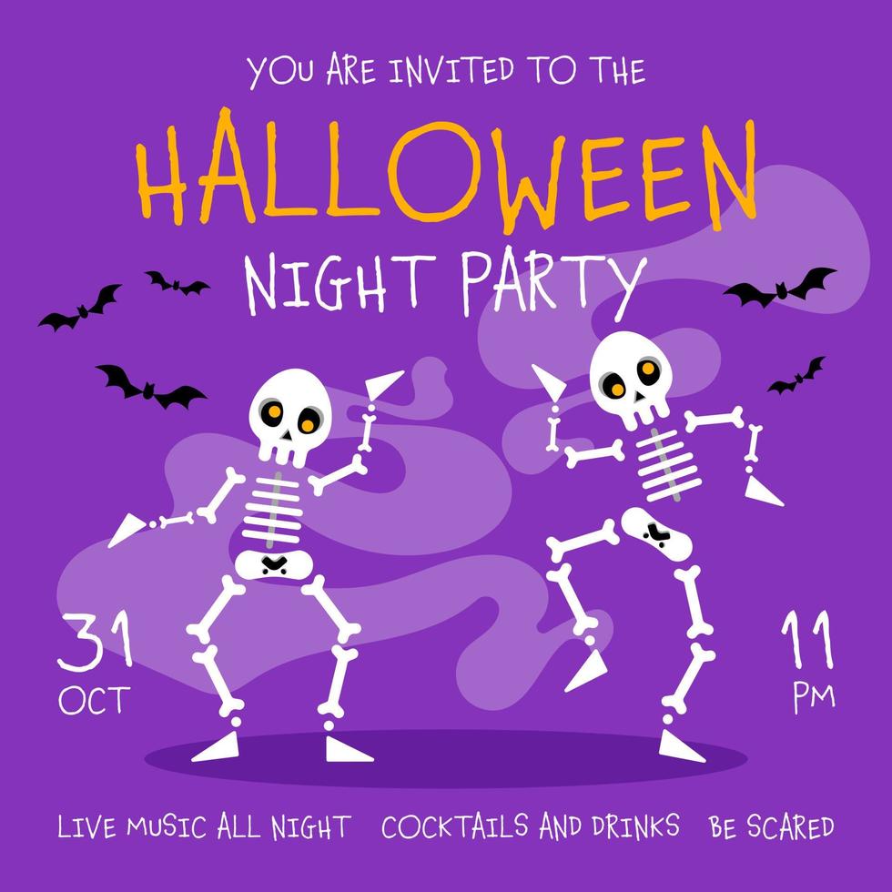 Halloween night party invitation card, flyer, banner or poster design template for October 31 holiday celebration with funny dancing skeletons and flying bats on blue background. Vector illustration.