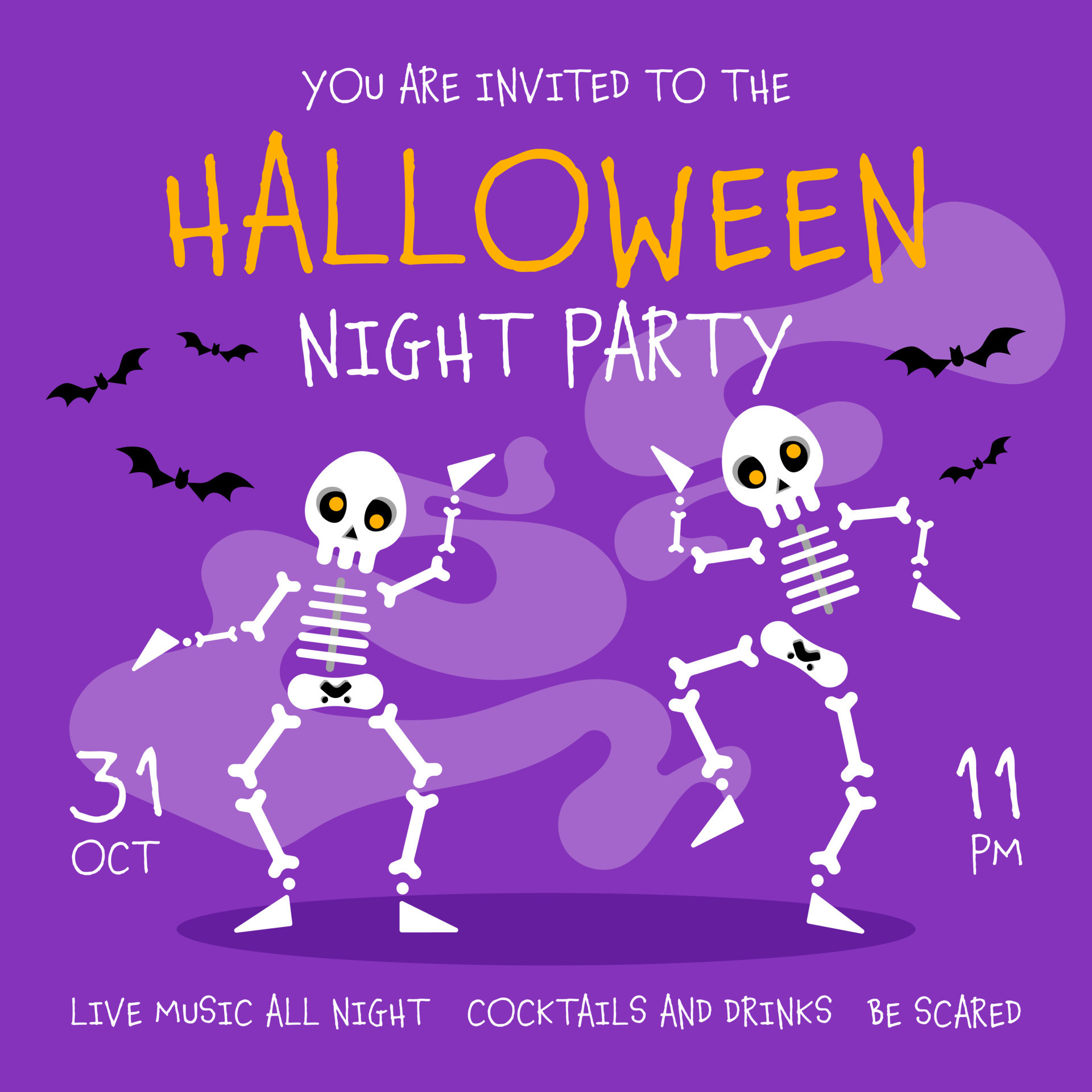 Halloween night party invitation card, flyer, banner or poster design template for October 31 holiday celebration with funny dancing skeletons and flying bats on blue background. Vector illustration. 12472126 Vector Art at Vecteezy Halloween night party invitation card, flyer, banner or poster design template for October 31 holiday celebration with funny dancing skeletons and flying bats on blue background. Vector illustration. 12472126 Vector Art at Vecteezy