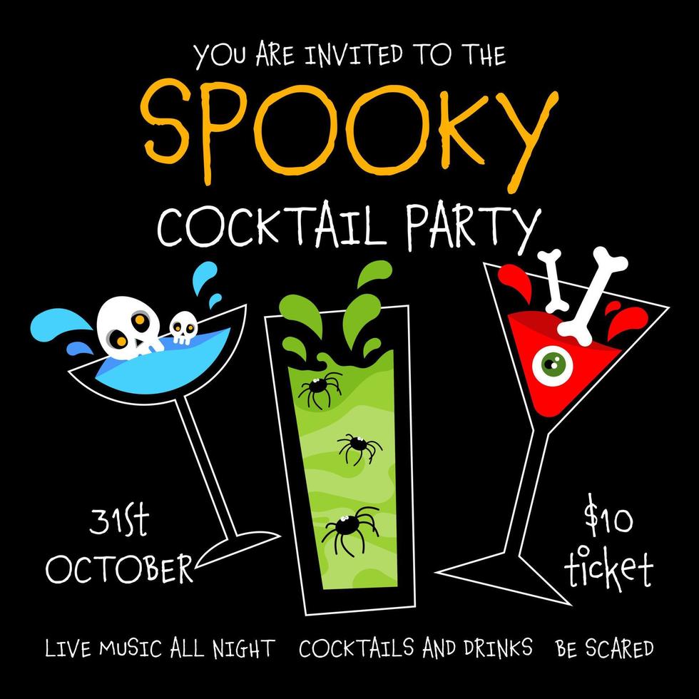 Spooky cocktail party invitation for Halloween celebration on October 31. Spooky blue, yellow and red drinks with skull, bones, eye and spiders inside glasses. Vector illustration in flat style.