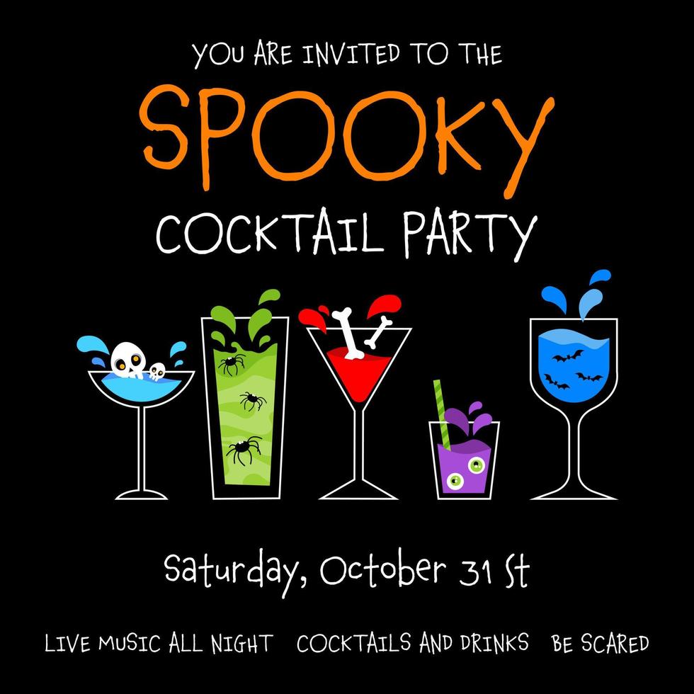 Halloween spooky cocktail party poster, banner, invitation or greeting card design template with spooky blue, yellow and red drinks with skull, bones, eyes, bats and spiders inside glasses. vector