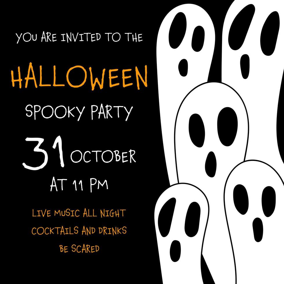 Halloween spooky party invitation banner or poster with scary ghosts or phantoms silhouettes. Halloween party flyer or invite for holiday celebration on October 31. Vector illustration in flat style.