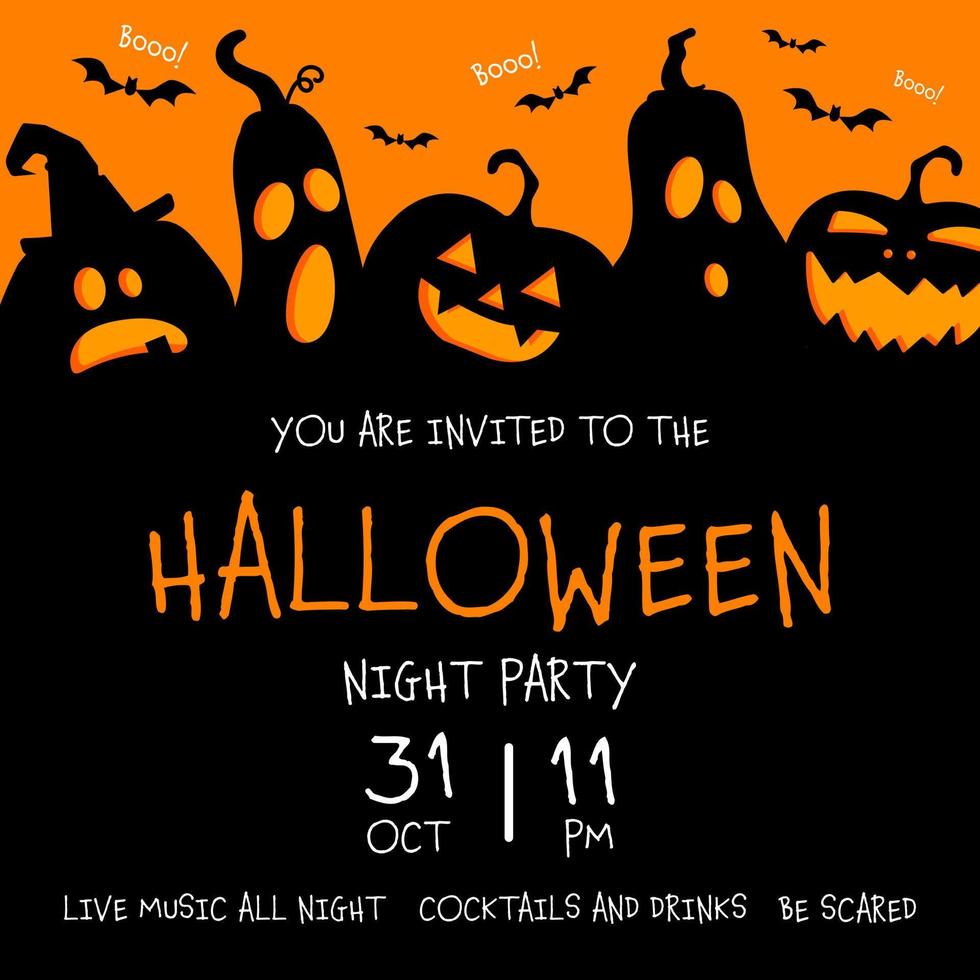 Halloween October 31 night party holiday celebration invite, poster, flyer or banner with glowing scary faced pumpkins and black flying bats. Vector illustration for Halloween party event promotion.