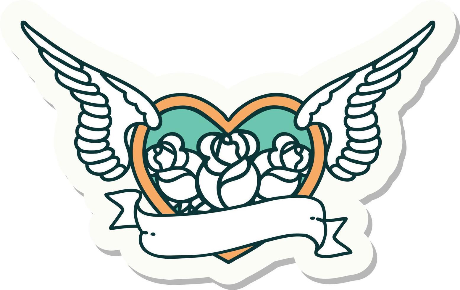 pegatina estilo tatuaje de un corazón volador con flores y pancartas vector