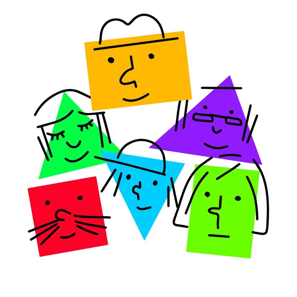 Pile of Various bright basic Geometric Figures with face emotions. Group of man and woman. Cute funny square and triangle characters. Hand drawn trendy Vector illustration for kids