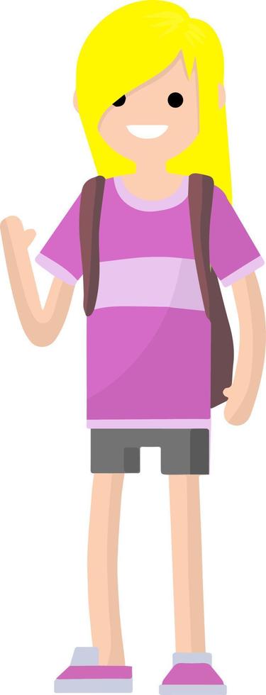 niña en camiseta rosa, pantalones cortos y una mochila que agita. mujer en ropa deportiva de verano. estudiante y viajero. ilustración plana de dibujos animados vector