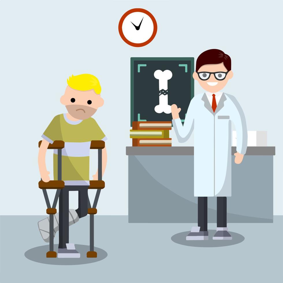 Man with broken leg. Patient in hospital on crutches. doctor in white coat vector