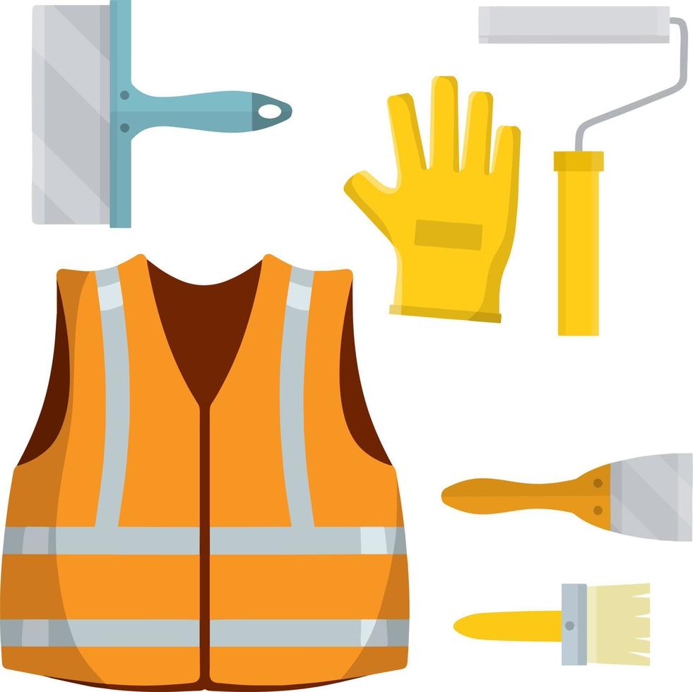 Construction vest and glove. Repair tool. Cartoon flat illustration. Worker and painting cloth vector