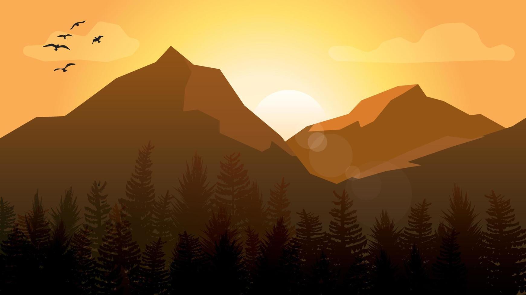 paisaje montañoso con siluetas de árboles y pájaros con cielo de amanecer o atardecer y destellos de lente. vector