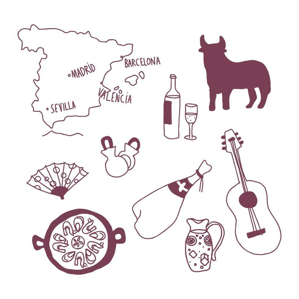 Burgundy Doodled Spanish Icons vector