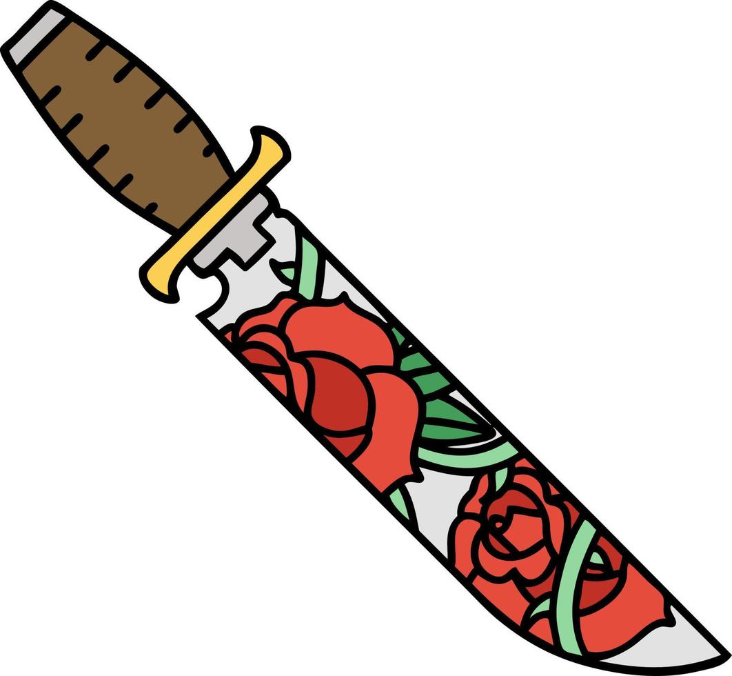 tatuaje tradicional de una daga y flores vector