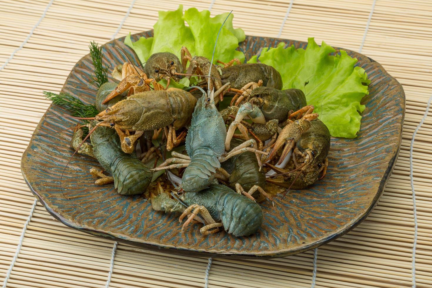 Raw Crayfish on the plate and wooden background photo