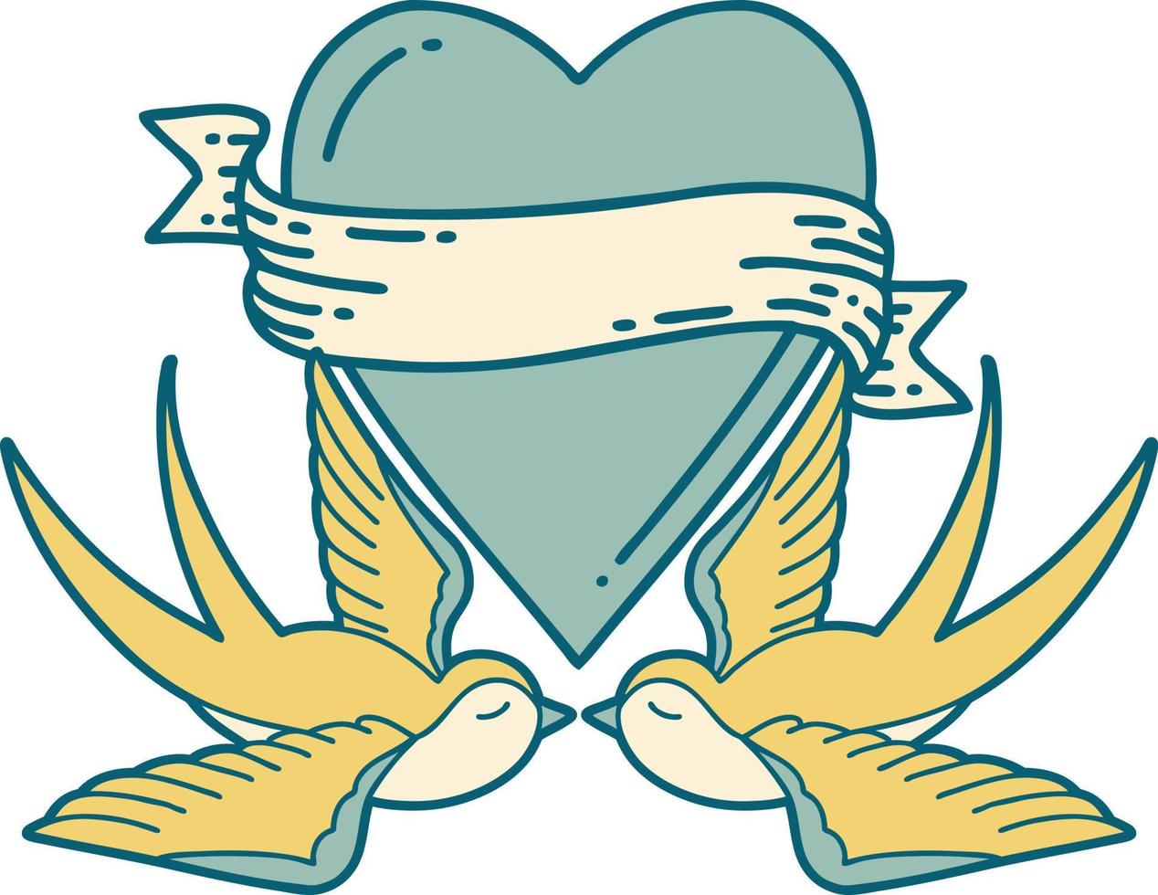tattoo style icon of a swallows and a heart with banner vector