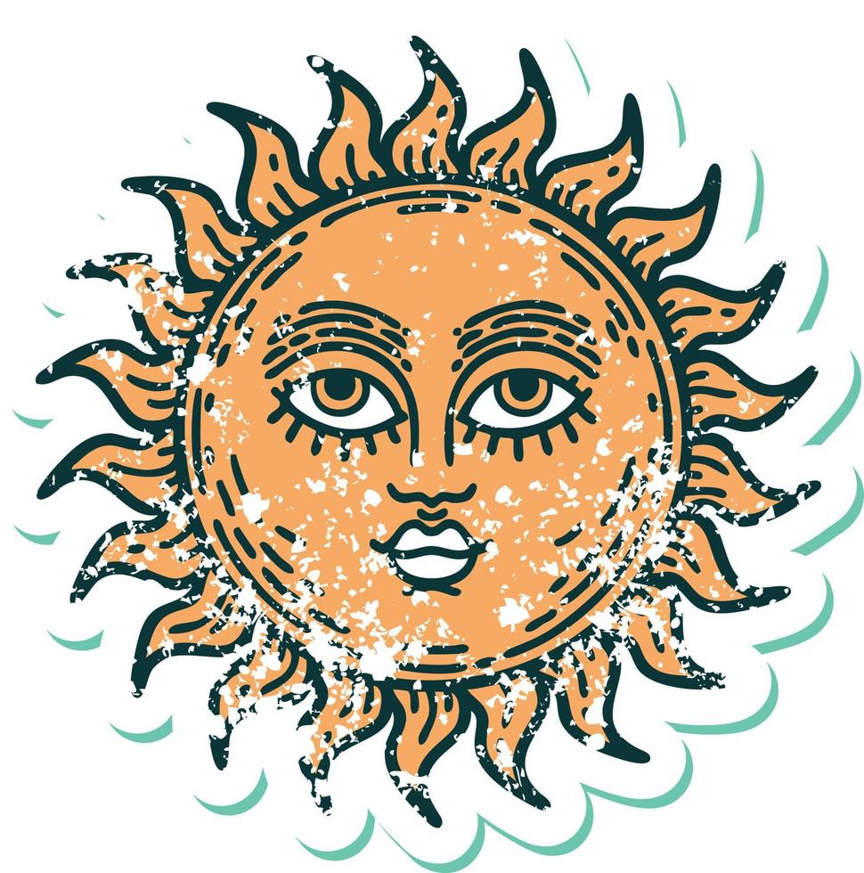 icónica imagen de estilo de tatuaje de pegatina angustiada de un sol con cara vector