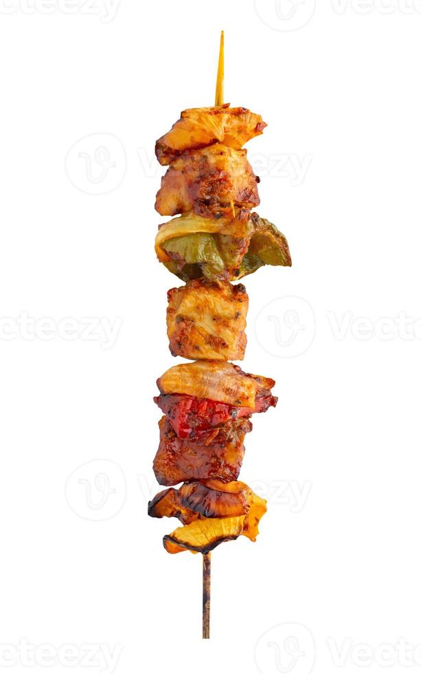 Grilled pork skewer and vegetables barbecue isolated on white background photo