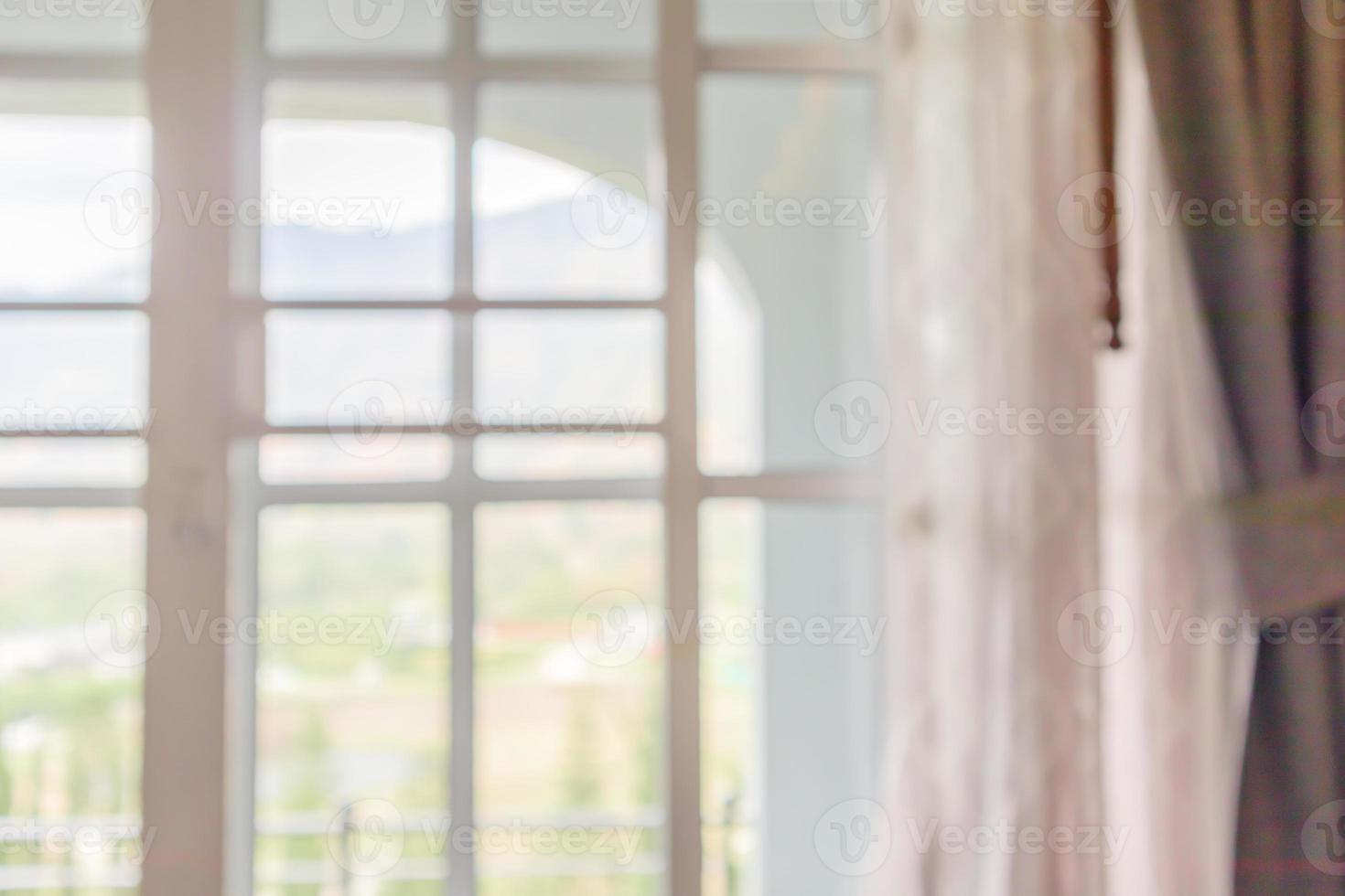 window curtain with green garden abstract blur background photo