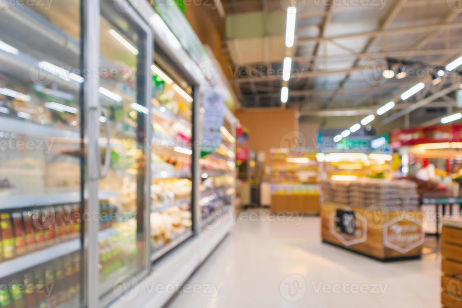 supermarket aisle with commercial refrigerators freezer showing frozen foods abstract blur background photo