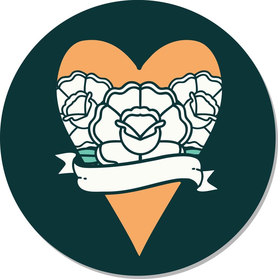 tattoo style sticker of a heart and banner with flowers vector