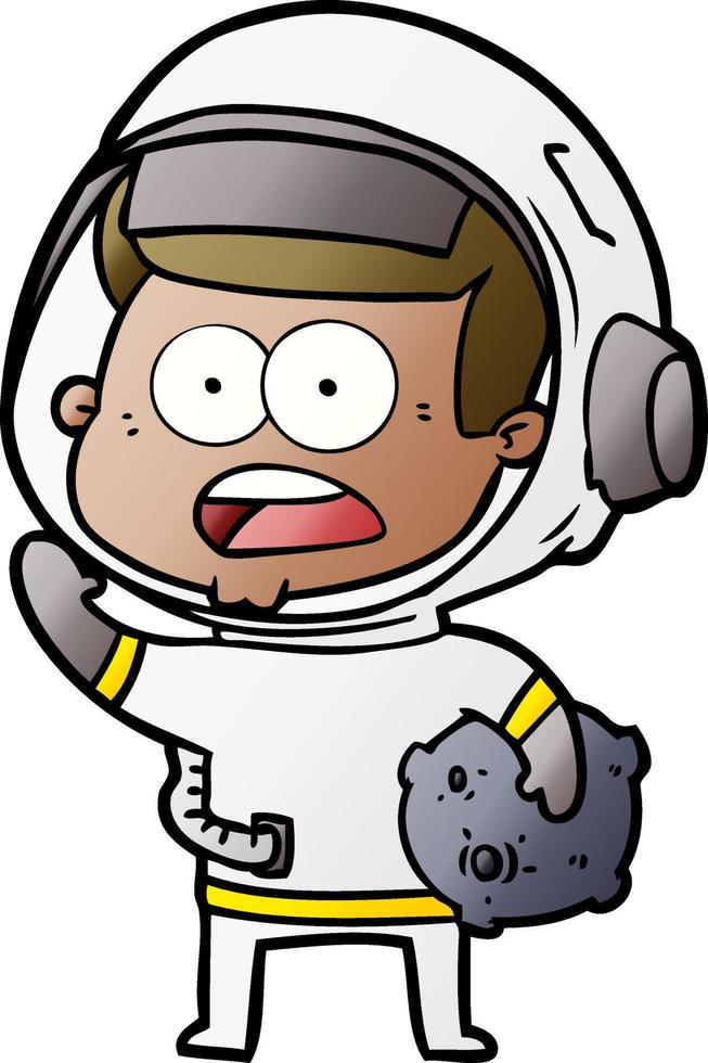 cartoon surprised astronaut holding moon rock vector