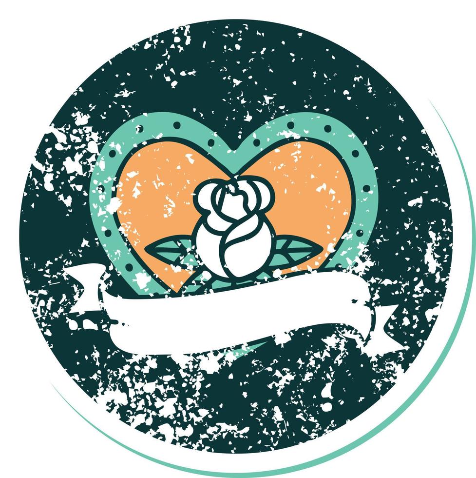 iconic distressed sticker tattoo style image of a heart rose and banner vector