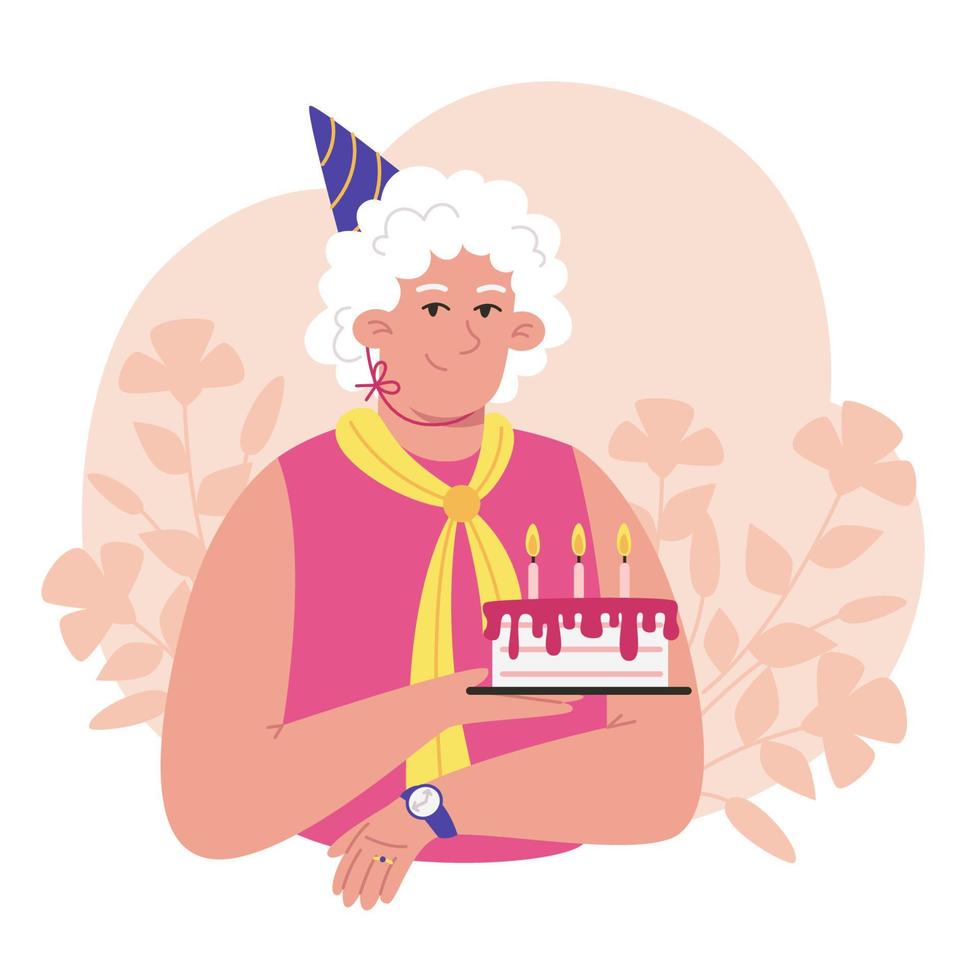 Elderly woman holding cake with birthday candles vector