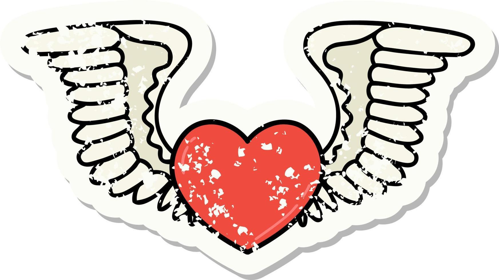 traditional distressed sticker tattoo of a heart with wings vector
