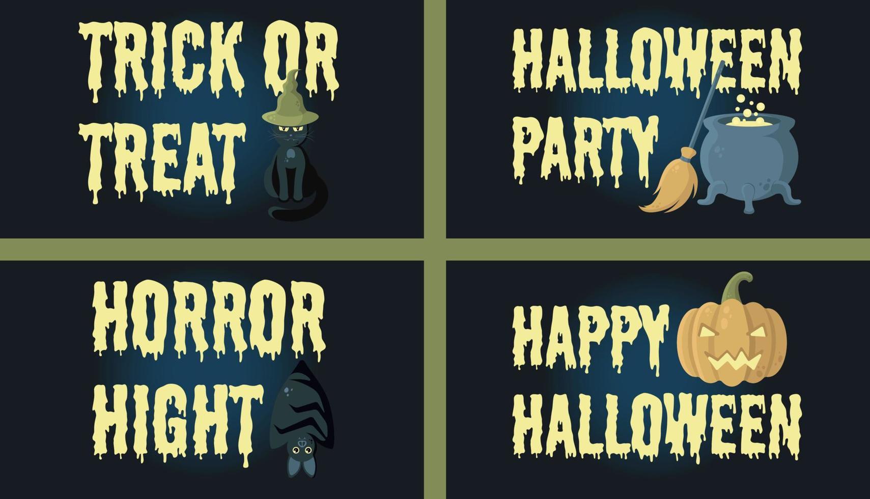 conjunto de vectores de banners de halloween. letras con gato negro, murciélago, jack o'lantern, caldero, ilustración de escoba. perfecto para sitios web, redes sociales, materiales impresos