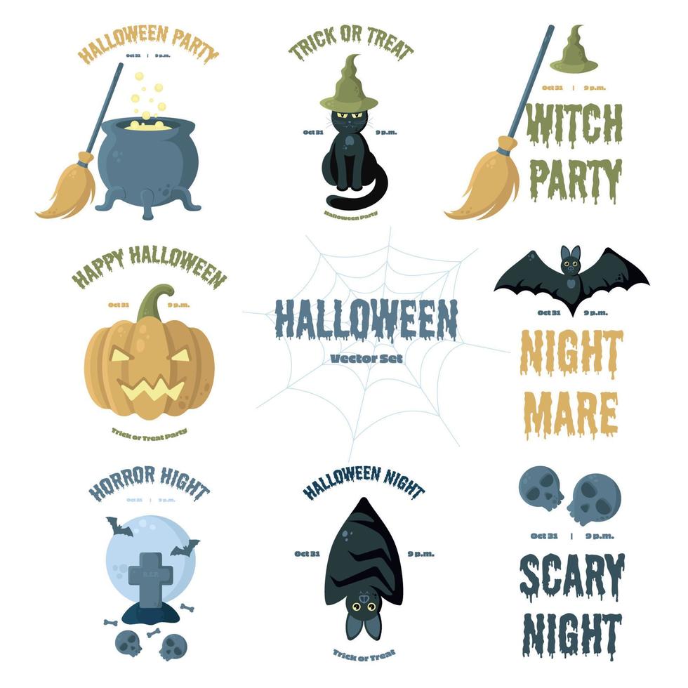 conjunto de vectores de escenas de Halloween. letras con jack o'lantern, caldero de brujas, escoba, tumba, gato negro, murciélagos, calaveras, huesos, telaraña. perfecto para redes sociales, banners web, materiales impresos, adhesivos