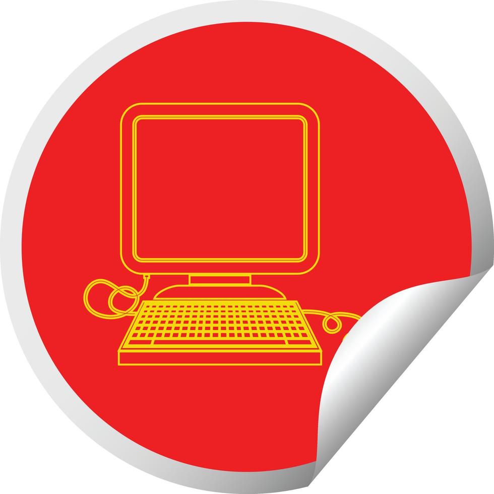 computer with mouse and screen circular peeling sticker vector