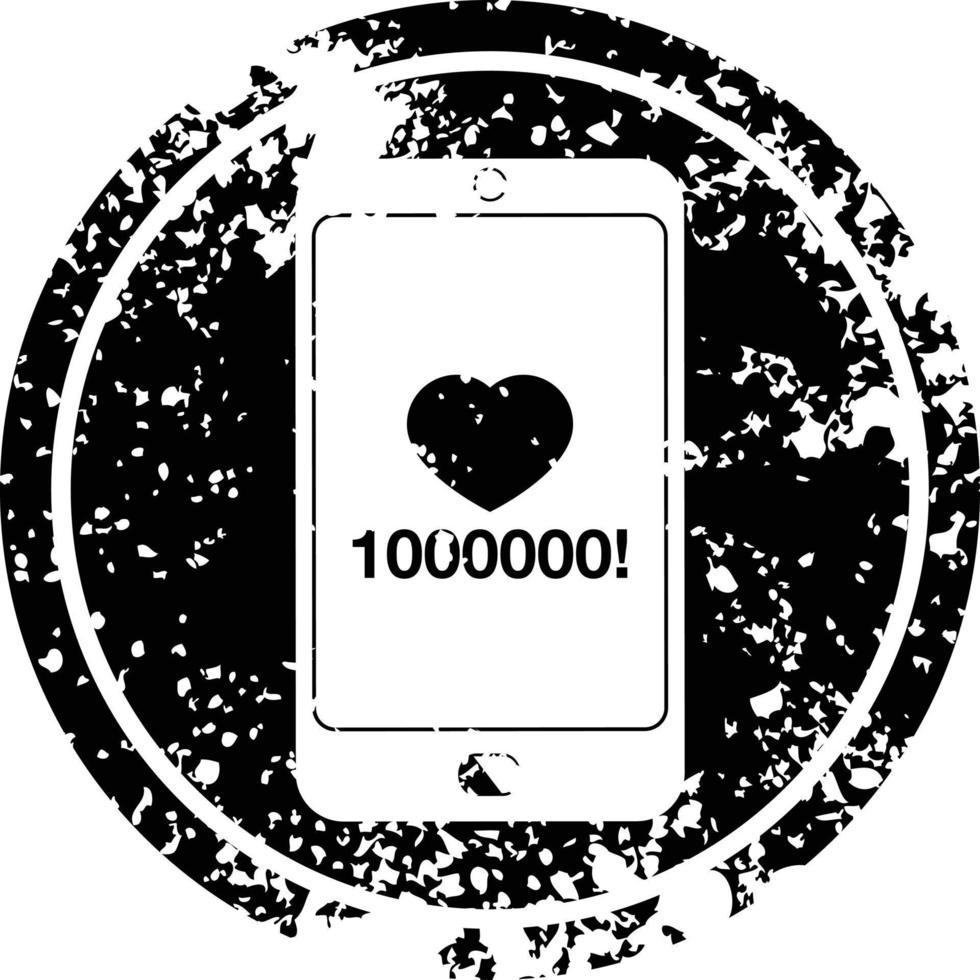 mobile phone showing 1000000 likes circular distressed symbol vector