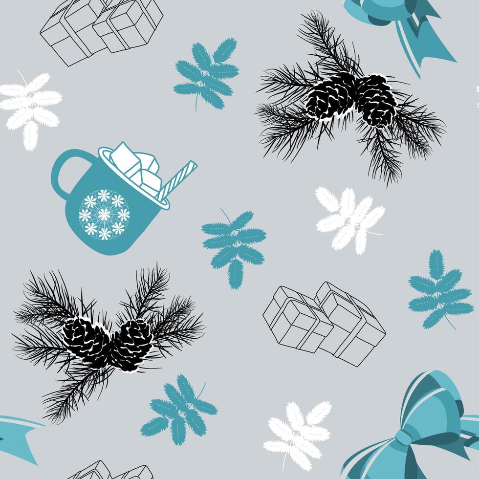 Seamless holiday pattern with Christmas tree branches, ribbon bow, mug of hot chocolate, pine cones, and gift boxes vector
