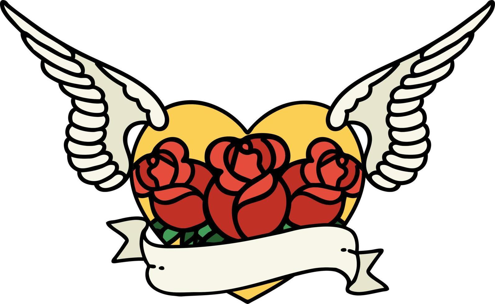 traditional tattoo of a flying heart with flowers and banner vector